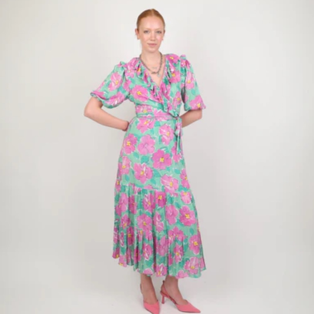 RIXO Green and Pink Floral Midi Dress